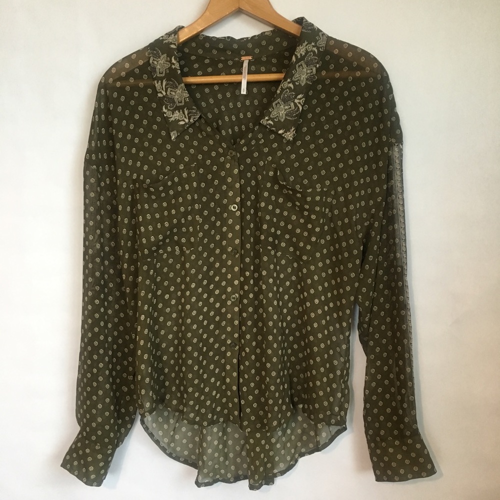 Free People Green Sheer Button Up