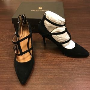 Corso suede black heels with straps & zipper back