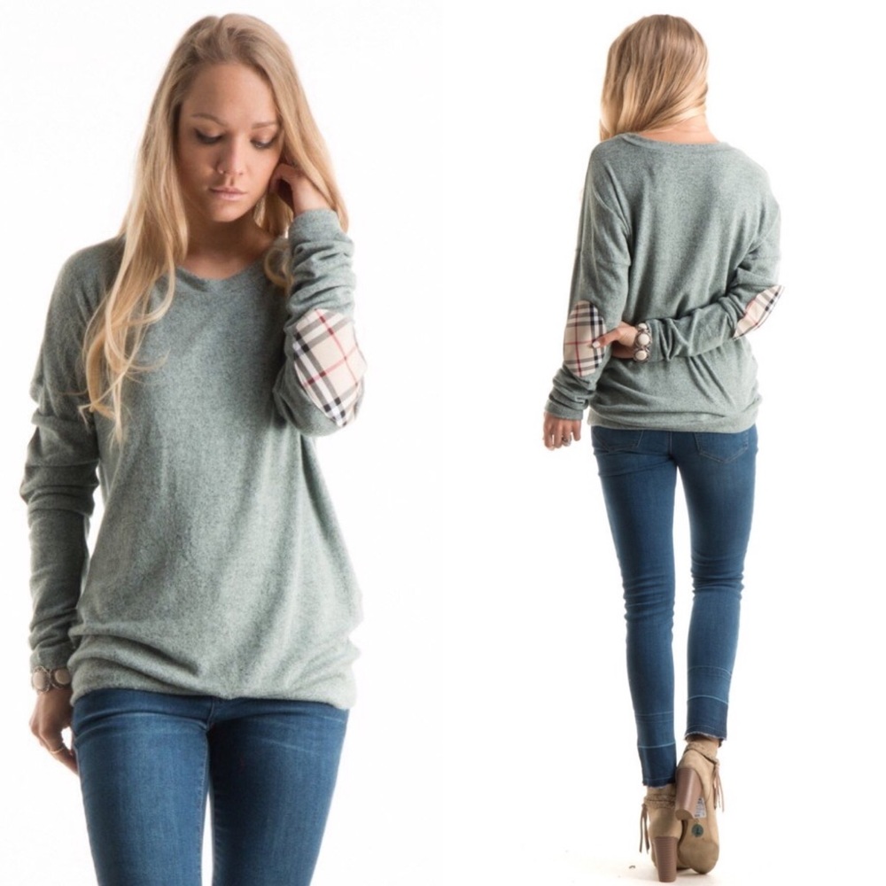 Last One! Plaid Elbow Patch Brushed Knit Tunic - Picture 3 of 4