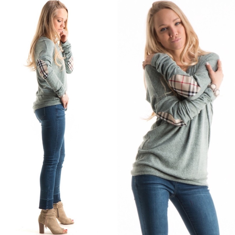 Last One! Plaid Elbow Patch Brushed Knit Tunic - Picture 2 of 4