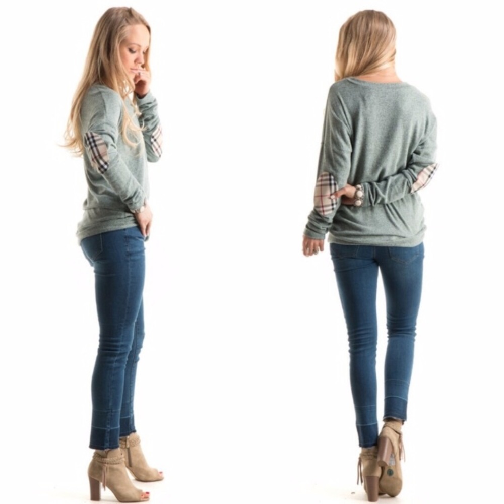 Last One! Plaid Elbow Patch Brushed Knit Tunic - Picture 4 of 4