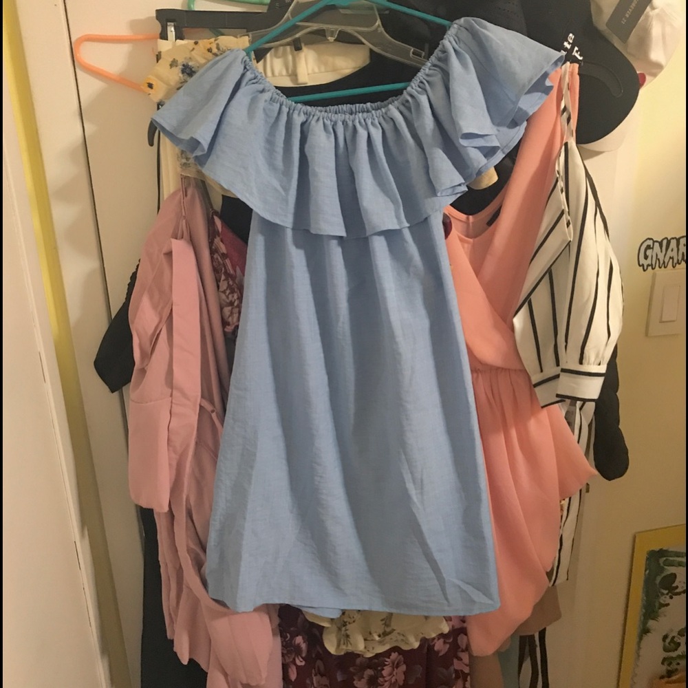 Light Blue Ruffle Off Shoulder Dress - Picture 2 of 3