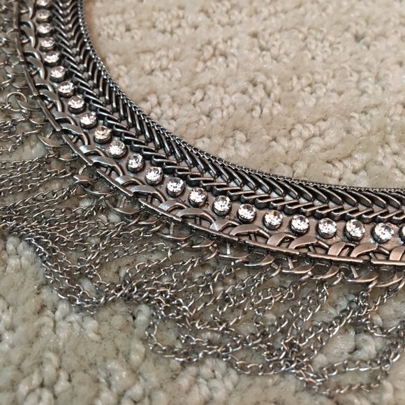 Silver bib necklace with chain and crystal detail - Picture 1 of 5