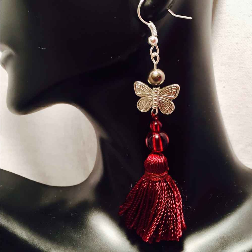 Burgundy Butterfly Charmed Tassel Earrings