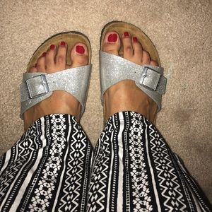 Silver one strap birkenstocks