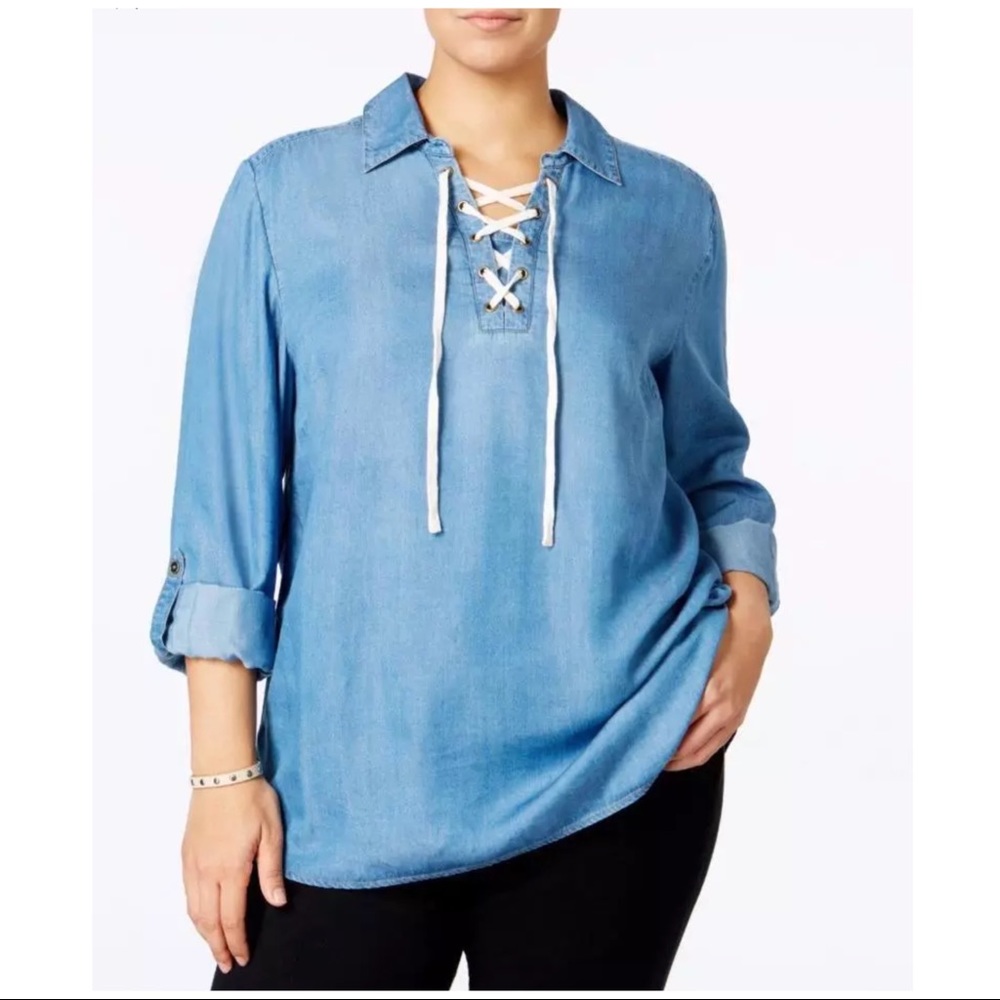 STYLE & CO CHAMBRAY LACE-UP TUNIC - Picture 2 of 4