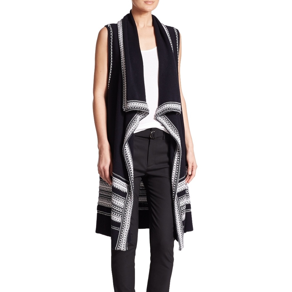 VINCE Textured Embroidered Trim Drape long vest