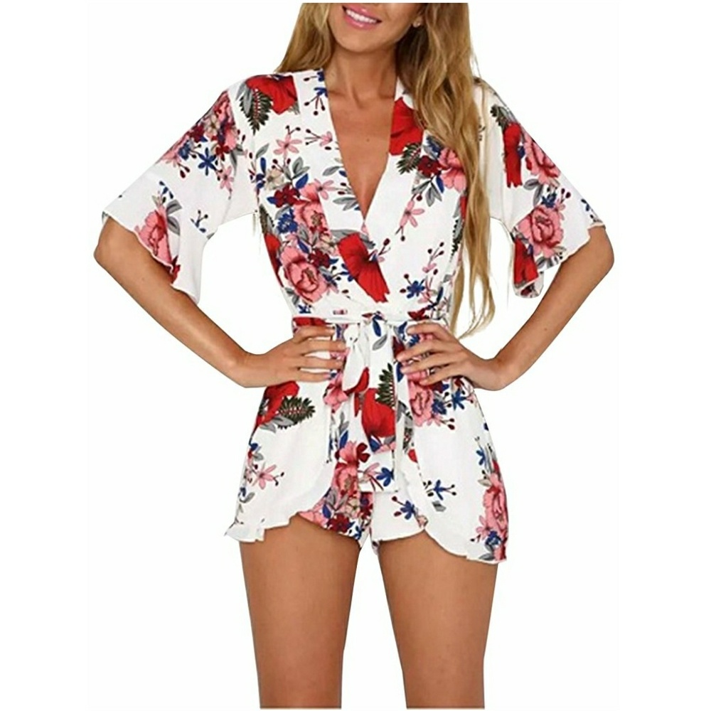 White Floral V-Neck Flared Sleeve Romper