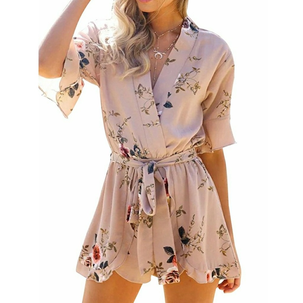 Beige Floral V-Neck Flared Sleeve Romper