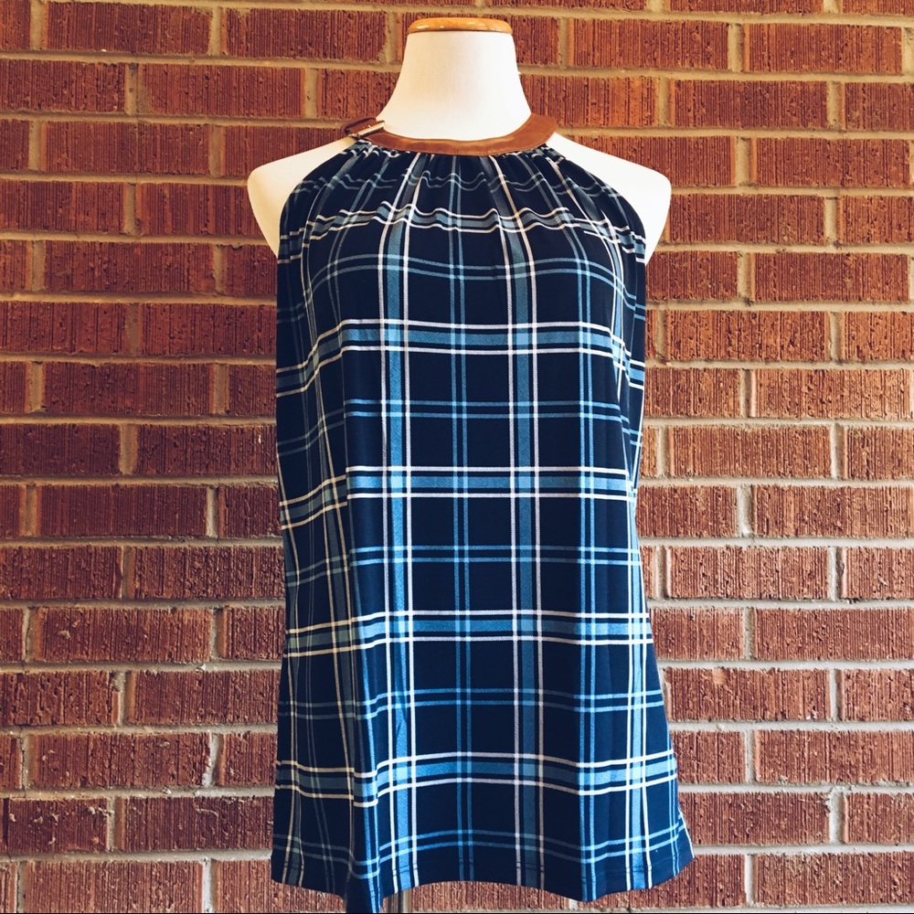 Michael Kors blue plaid faux leather buckle top - Picture 2 of 7