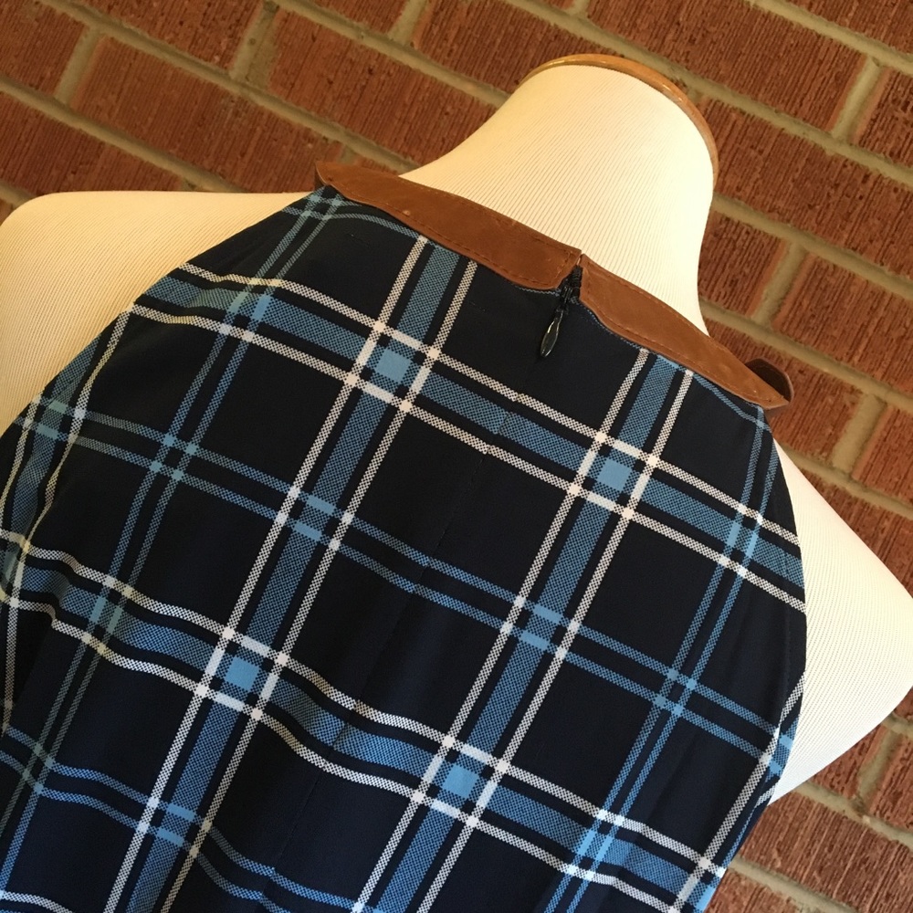 Michael Kors blue plaid faux leather buckle top - Picture 4 of 7