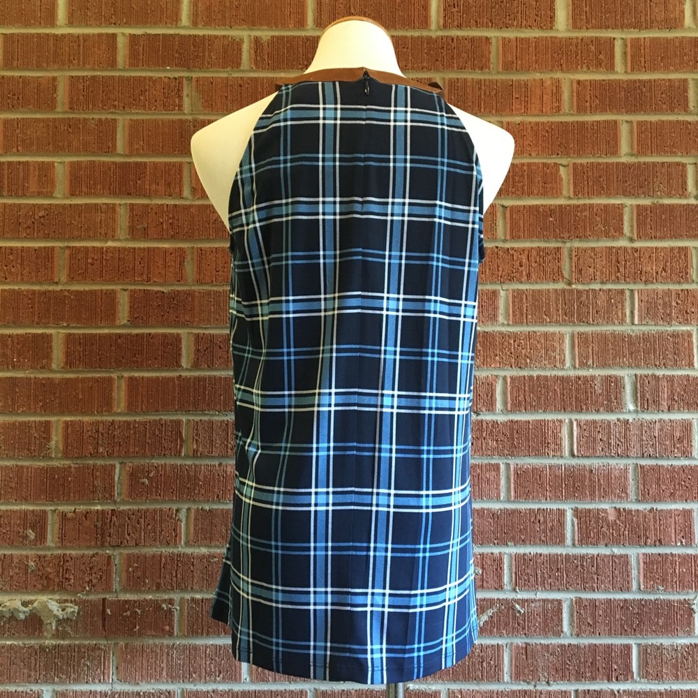 Michael Kors blue plaid faux leather buckle top - Picture 6 of 7