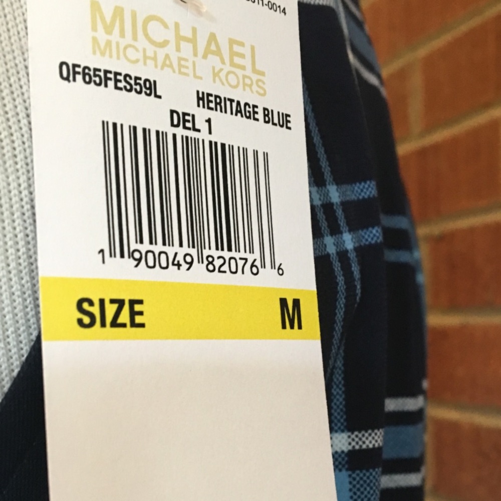 Michael Kors blue plaid faux leather buckle top - Picture 7 of 7