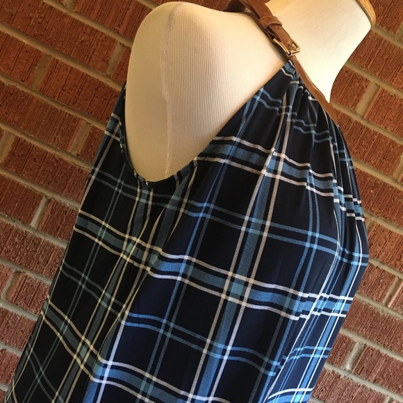Michael Kors blue plaid faux leather buckle top - Picture 3 of 7