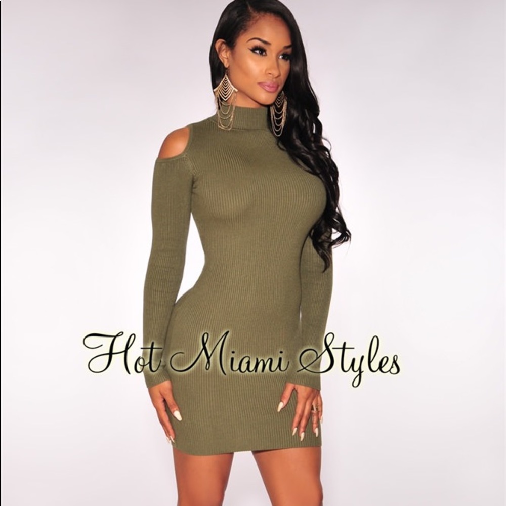 Olive Knit Ribbed Cut Out Shoulder Dress