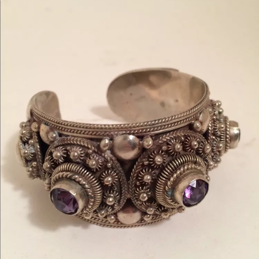 Antique Sterling Heavy Amethyst Cuff Bracelet