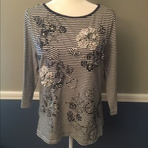 Blue/white stripe shirt with fabric flowers