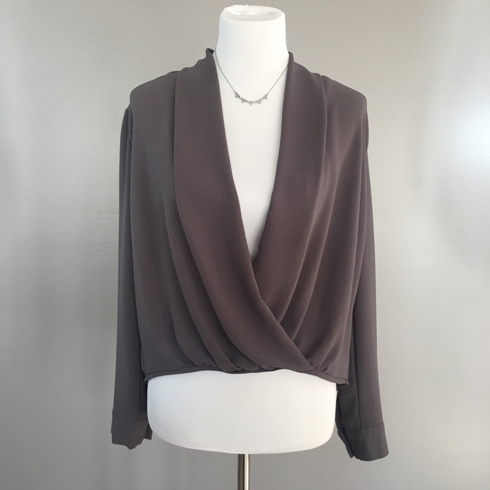 Open Front Dark Grey Draped Long Sleeve Blouse