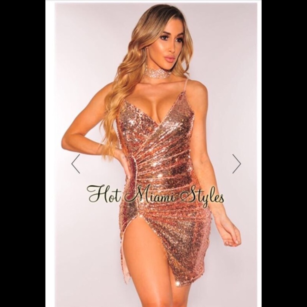 Rose Gold Sequins Ruched Slit Dress