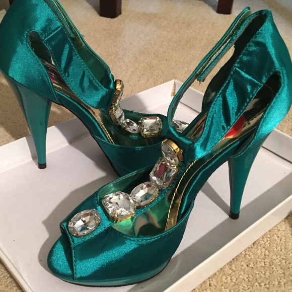 EXPRESS teal satin bejeweled heels open toe - Picture 2 of 7