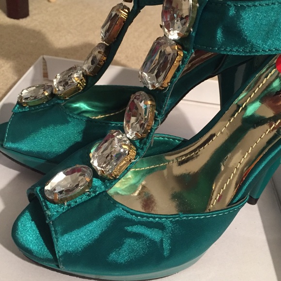 EXPRESS teal satin bejeweled heels open toe - Picture 3 of 7
