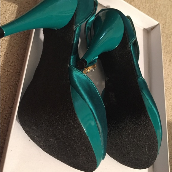 EXPRESS teal satin bejeweled heels open toe - Picture 5 of 7