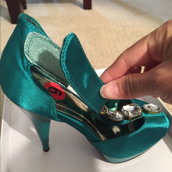EXPRESS teal satin bejeweled heels open toe - Picture 6 of 7