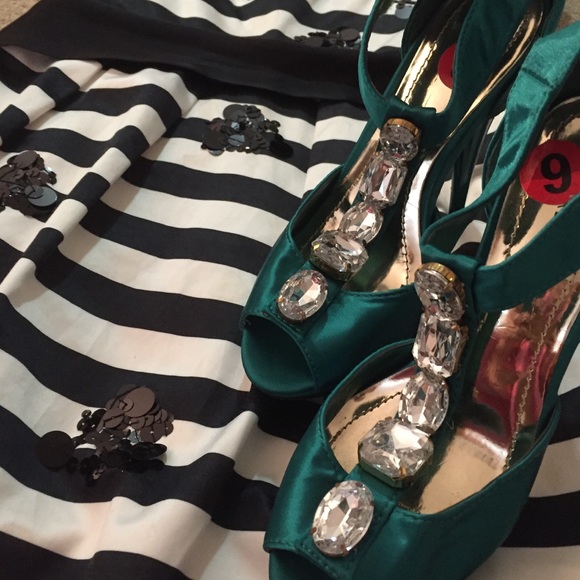 EXPRESS teal satin bejeweled heels open toe - Picture 7 of 7