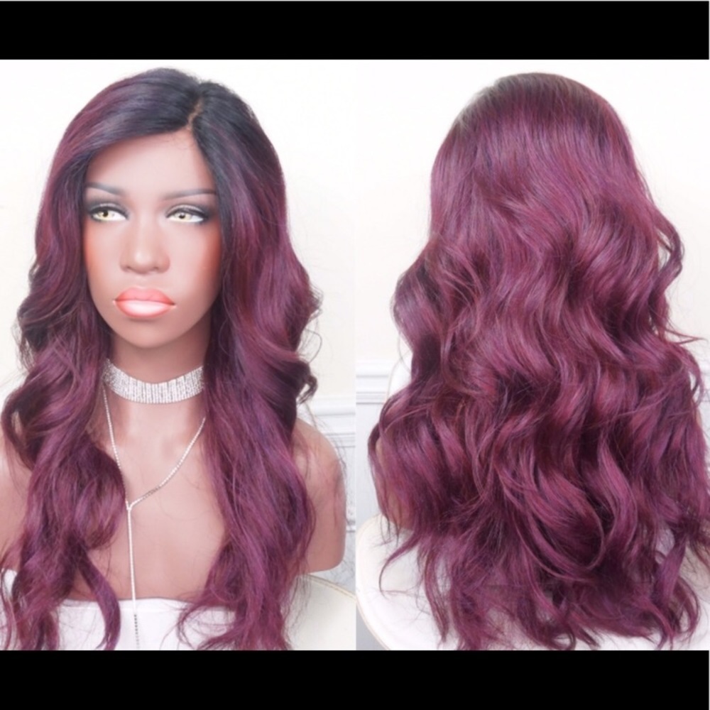 Lace Front Blk/Plum Human Hair Blend Wig