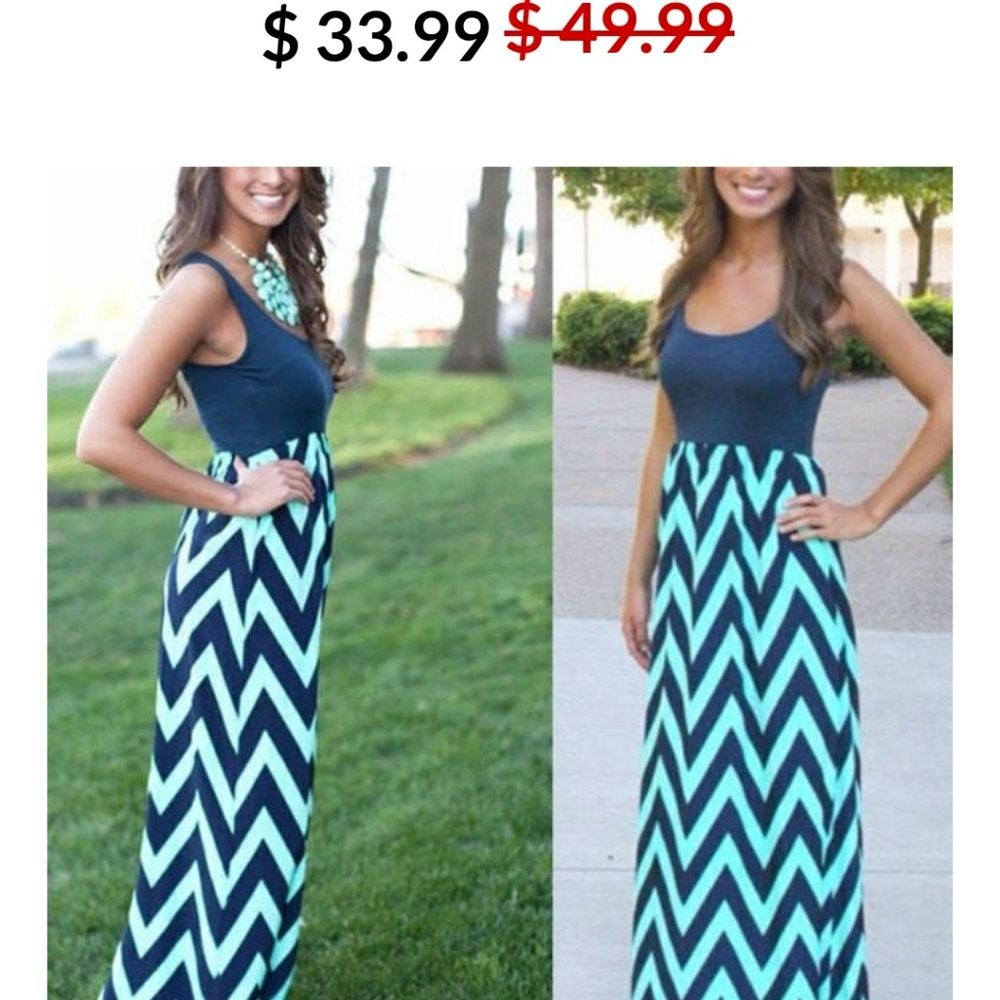 Blue zig zag print chevron maxi dress