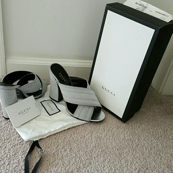 Shoes - Gucci Silver Sparkle Chunky Mule Heels