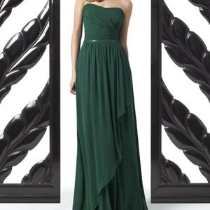 Elegant chiffon strapless Dessy gown in Hunter.