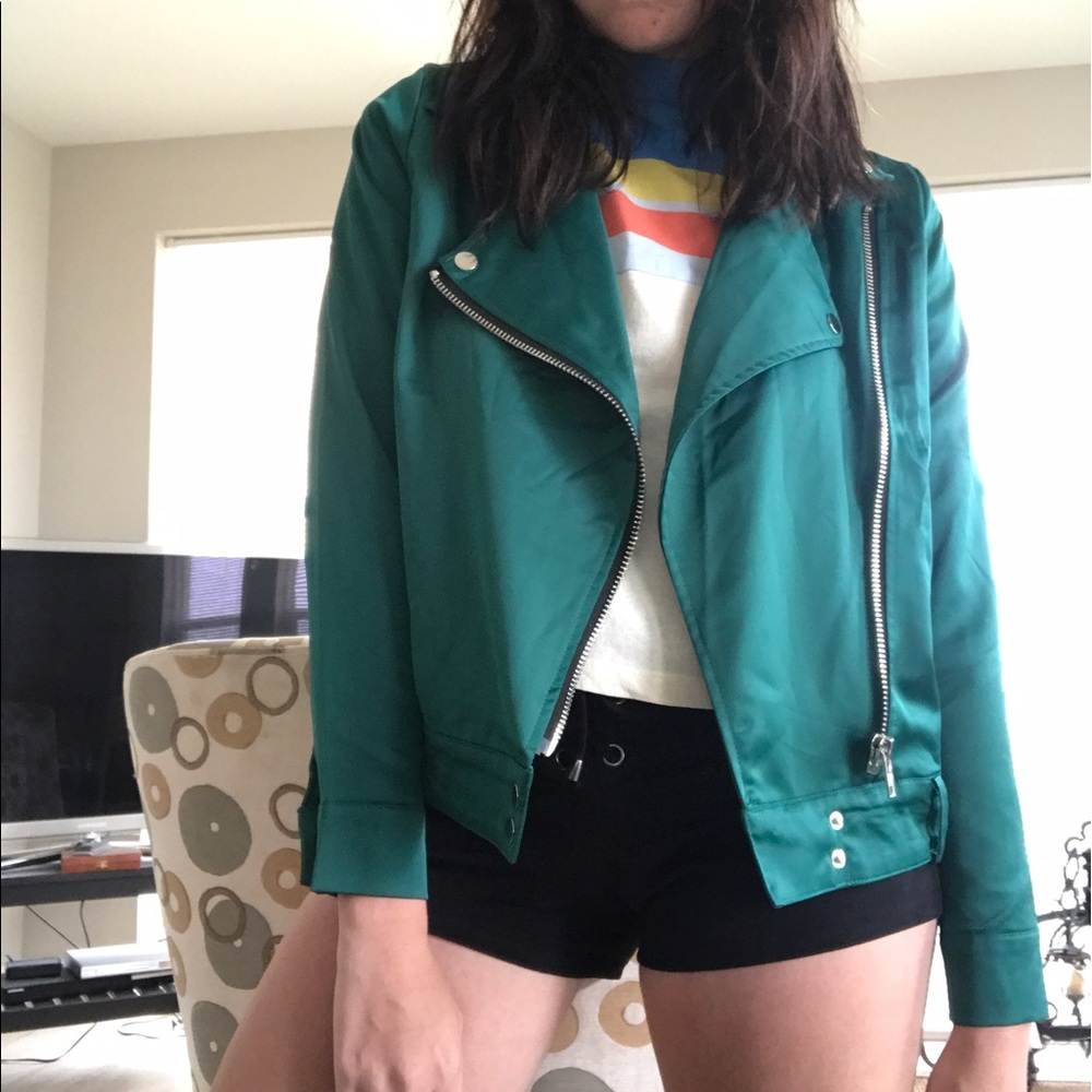 satin green biker jacket