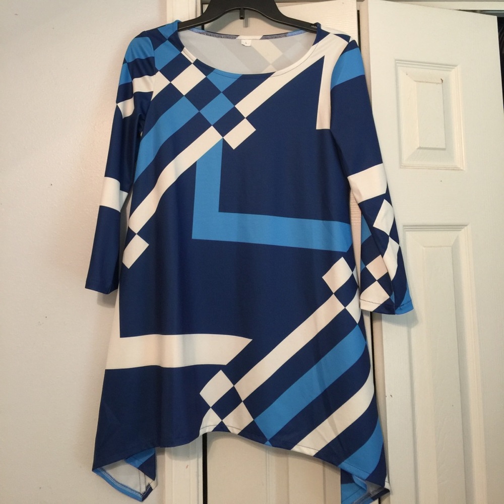 Blue and white tunic top