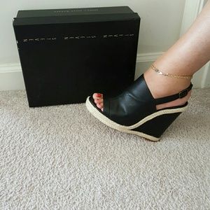 Steve Madden Black Leather Rope Wedges