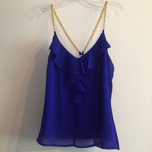 Royal blue blouse with Gold chain straps.