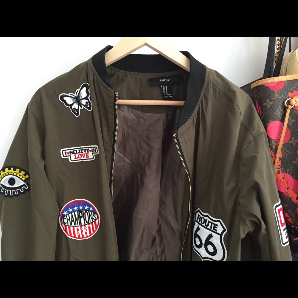 Forever21 Long Bomber Jacket with Patches