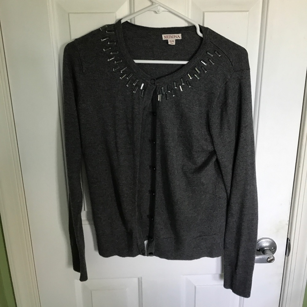 Dark gray button up cardigan with gems at the top