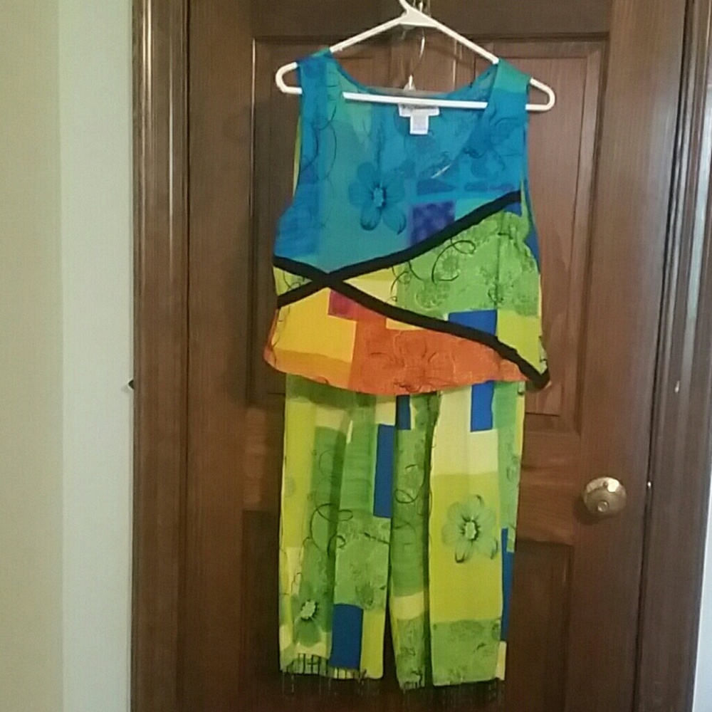 Colorful beaded fringe pants and crop top