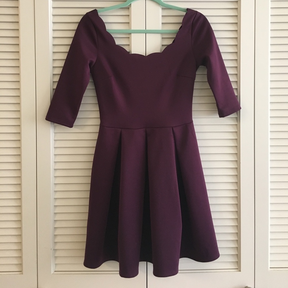 Scalloped Deep Maroon Half-Sleeve Dress