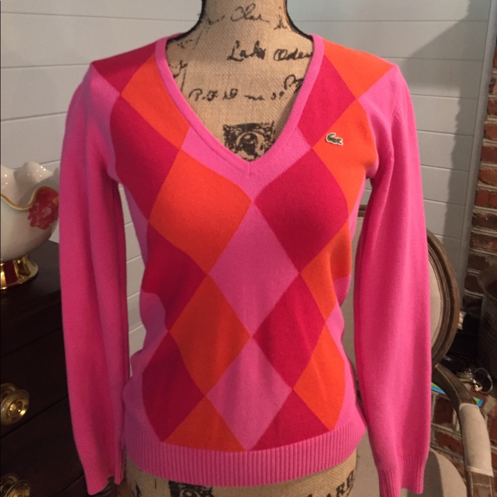 Lacoste Orange & Pink Cotton Argyle Sweater Sz S
