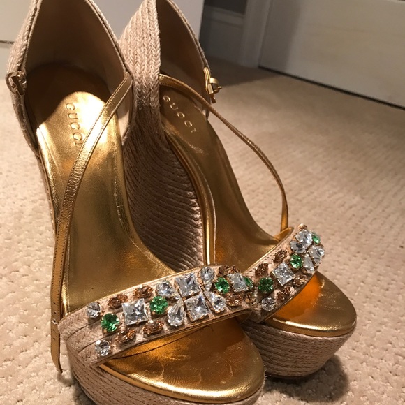 Gucci Gold Tone Metallic Espadrille Wedge Sandals - Picture 1 of 7