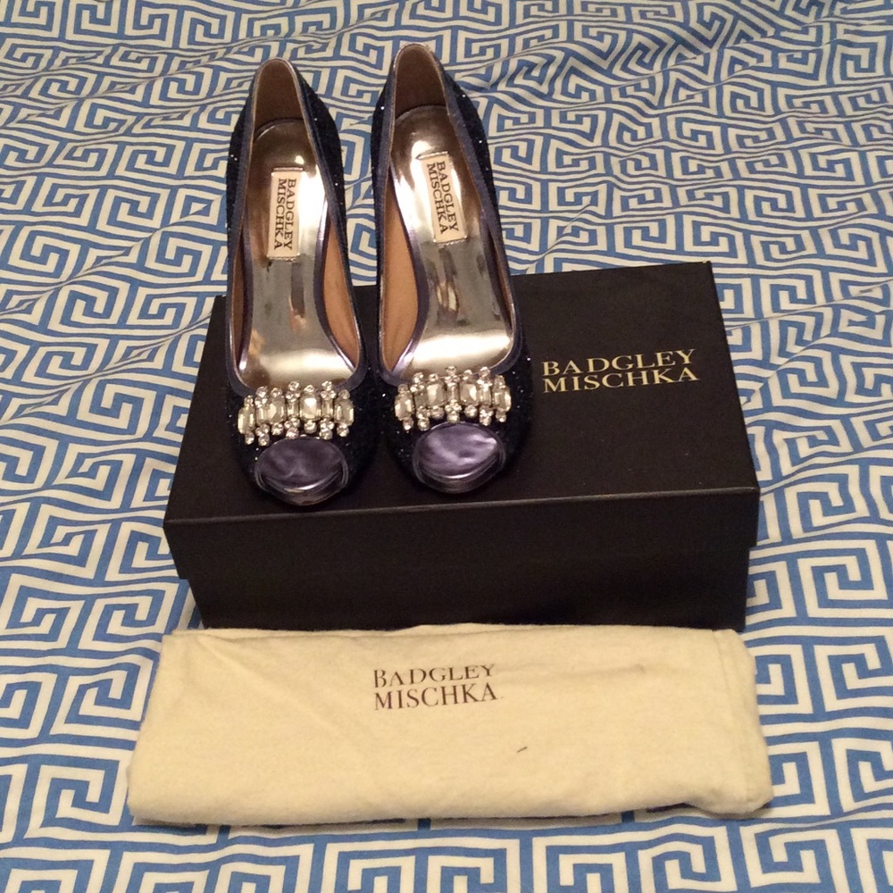 Badgley Mischka sparkly blue peep toe heels