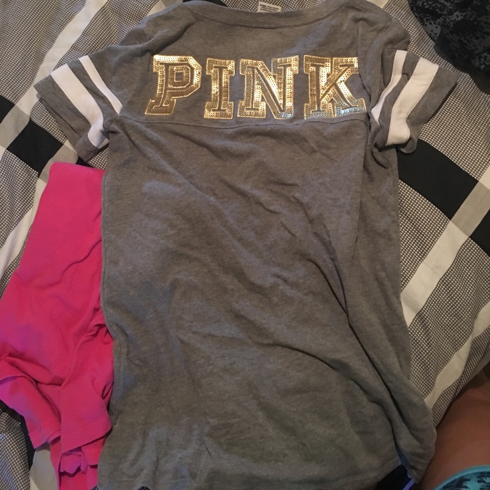 Gray and white striped shirt with gold letters!
