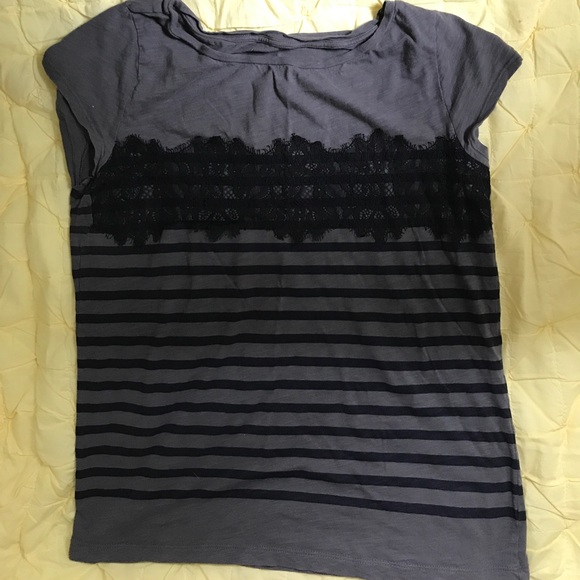 M LOFT slub cotton gray/ navy stripe lace trim top - Picture 1 of 2