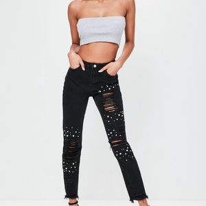 Black High Waisted Pearl Detailed Ripped Jeans