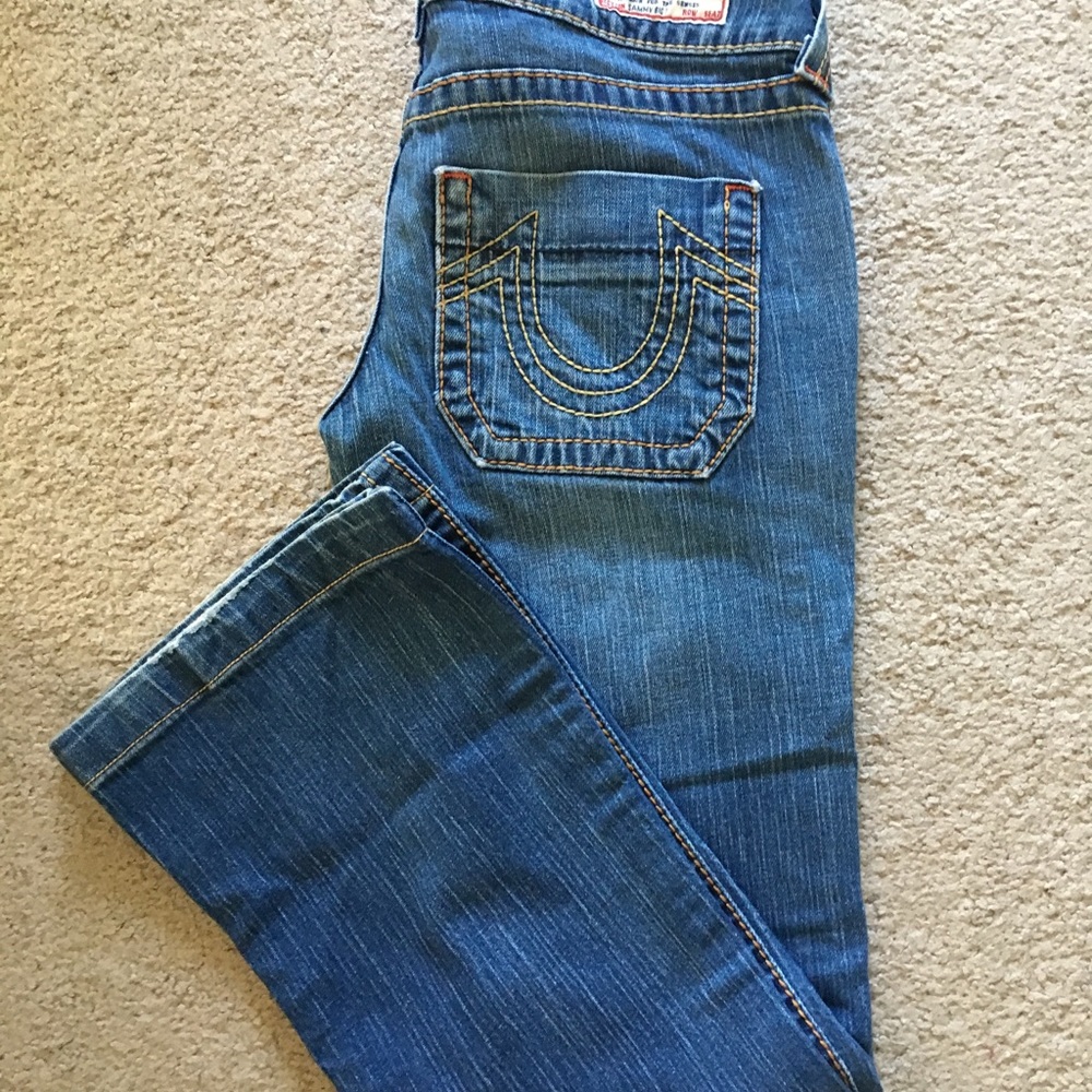 True Religion wide leg, low rise jean