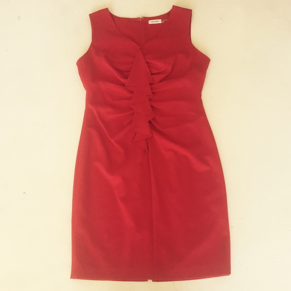 Calvin Klein Red V-Neck Ruffled Dress