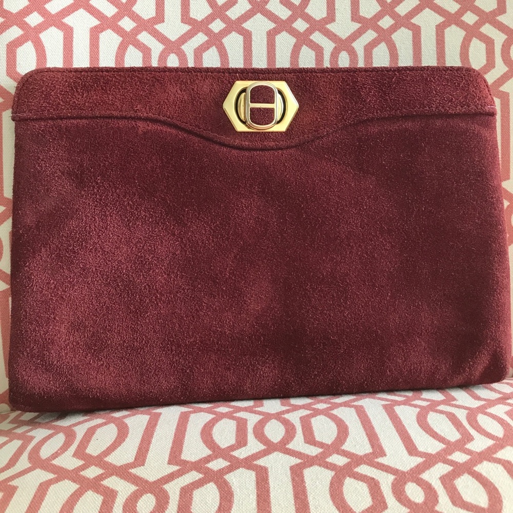 Vintage Red Wine Genuine Suede Leather Clutch