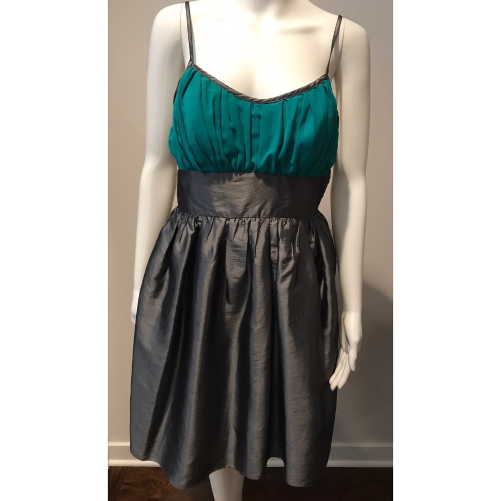 Teal and metallic smokey gray/silver dress